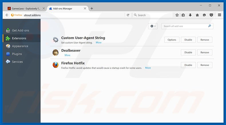 Removing GamesLava ads from Mozilla Firefox step 2