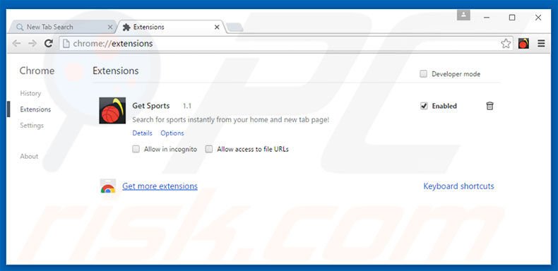Removing search.getsports.co related Google Chrome extensions