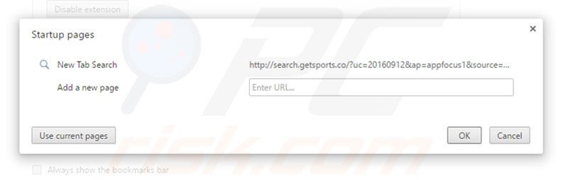 Removing search.getsports.co from Google Chrome homepage