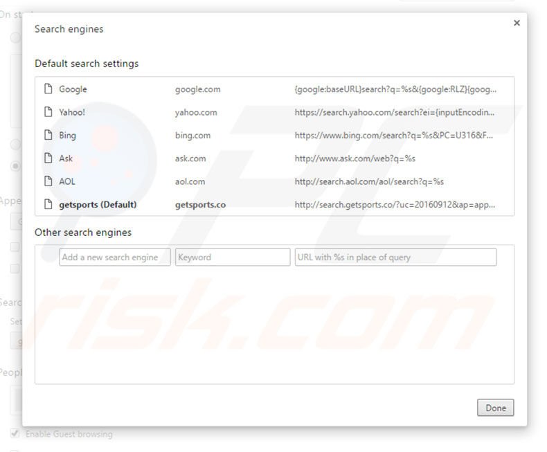 Removing search.getsports.co from Google Chrome default search engine