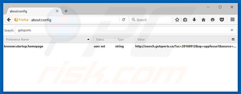 Removing search.getsports.co from Mozilla Firefox default search engine