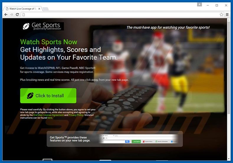 Website used to promote Get Sports browser hijacker