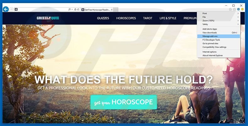 Removing GrizzlyQuiz ads from Internet Explorer step 1