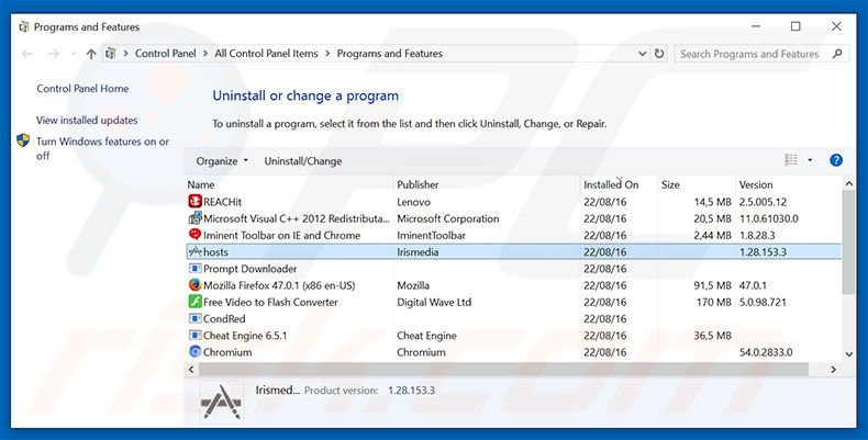 hosts adware uninstall via Control Panel