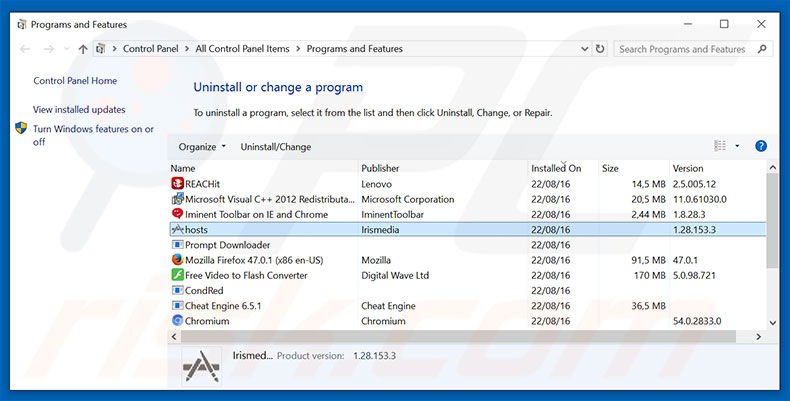 hosts adware uninstall via Control Panel