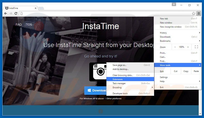 Removing InstaTime  ads from Google Chrome step 1