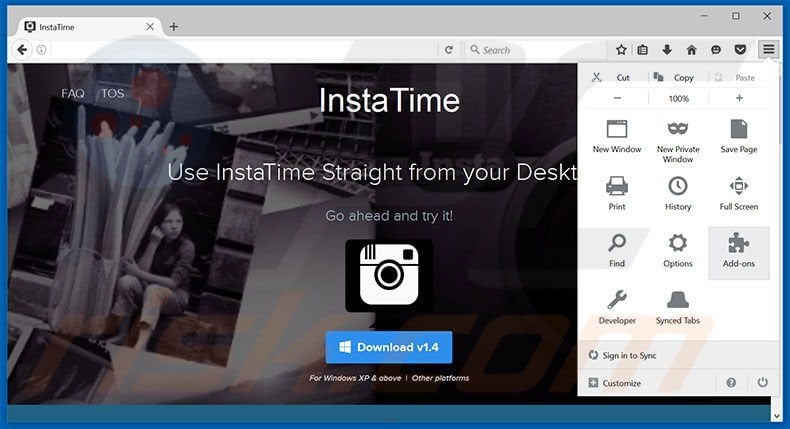 Removing InstaTime ads from Mozilla Firefox step 1