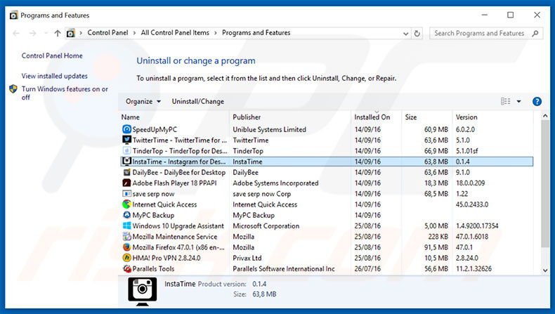 InstaTime adware uninstall via Control Panel