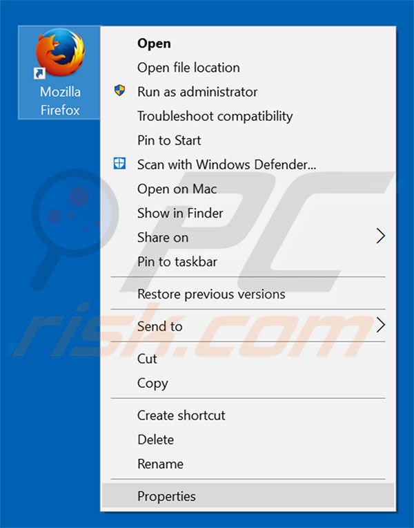 Removing search.klivs.com from Mozilla Firefox shortcut target step 1