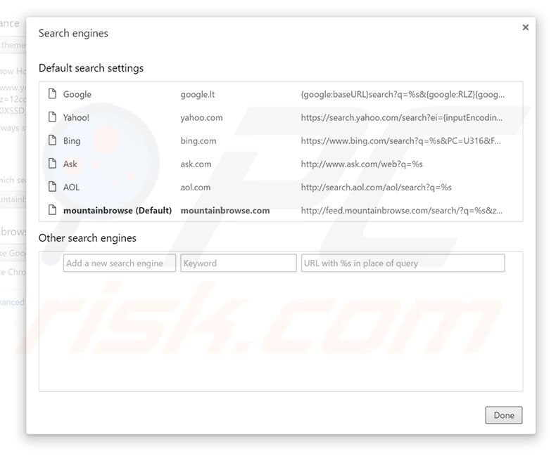 Removing mountainbrowse.com from Google Chrome default search engine