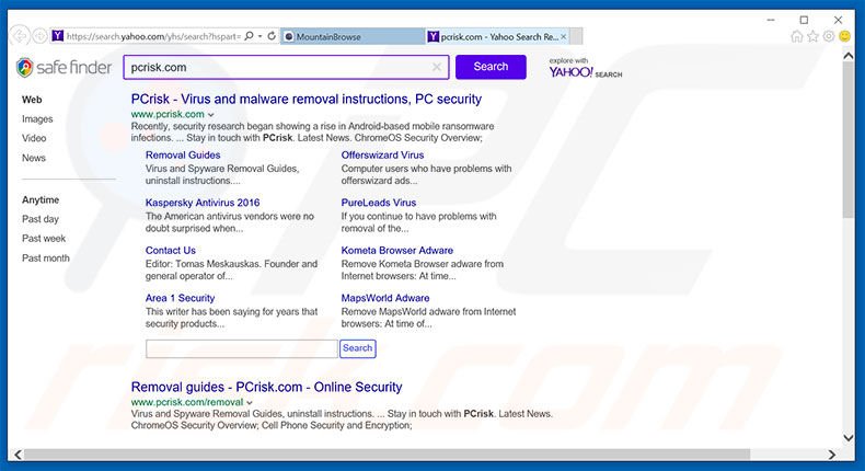 mountainbrowse.com causes unwanted browser redirects to safefinder.com