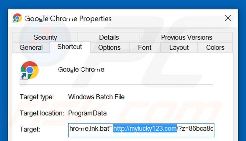 Removing mylucky123.com from Google Chrome shortcut target step 2