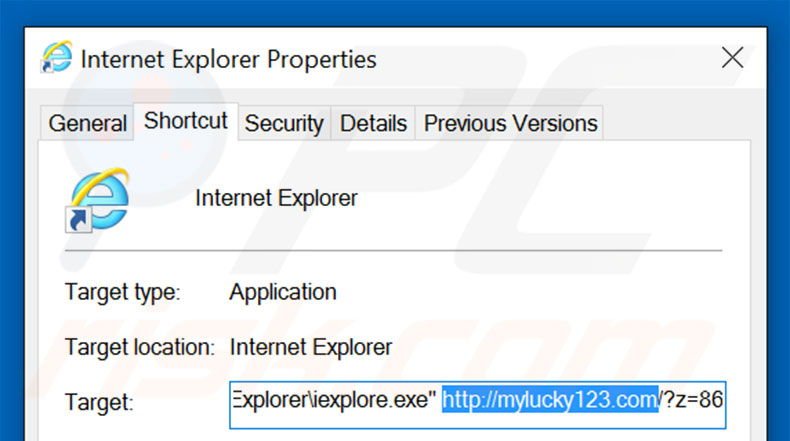 Removing mylucky123.com from Internet Explorer shortcut target step 2