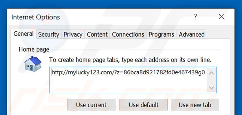 Removing mylucky123.com from Internet Explorer homepage
