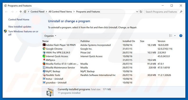 mylucky123.com browser hijacker uninstall via Control Panel