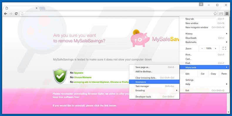 Removing MySafeSavings  ads from Google Chrome step 1