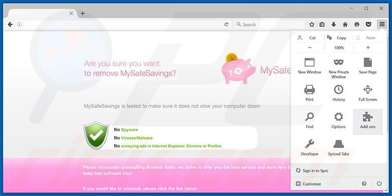 Removing MySafeSavings ads from Mozilla Firefox step 1