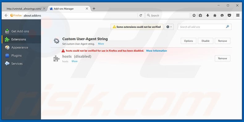 Removing MySafeSavings ads from Mozilla Firefox step 2