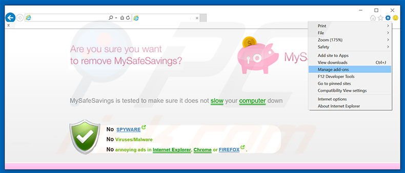 Removing MySafeSavings ads from Internet Explorer step 1