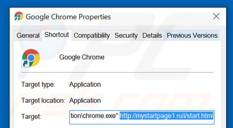 Removing mystartpage1.ru/i/start.html from Google Chrome shortcut target step 2