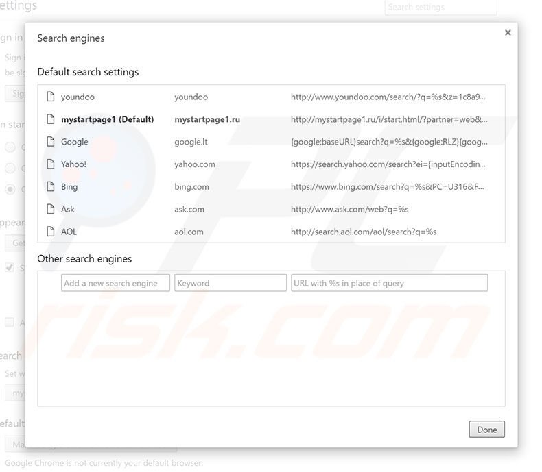 Removing mystartpage1.ru/i/start.html from Google Chrome default search engine