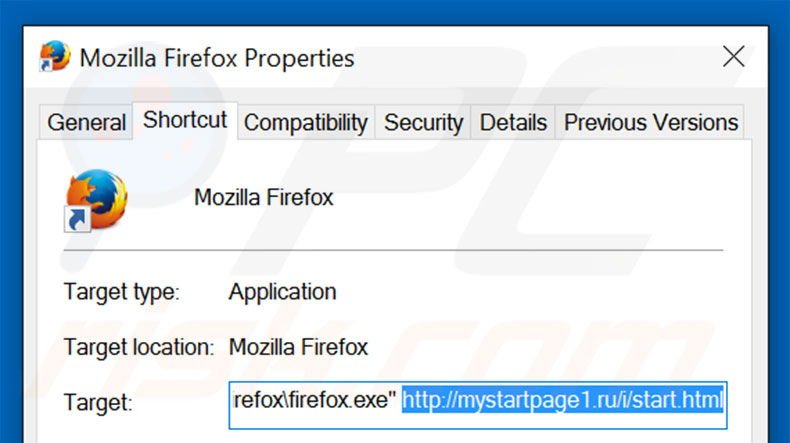 Removing mystartpage1.ru/i/start.html from Mozilla Firefox shortcut target step 2