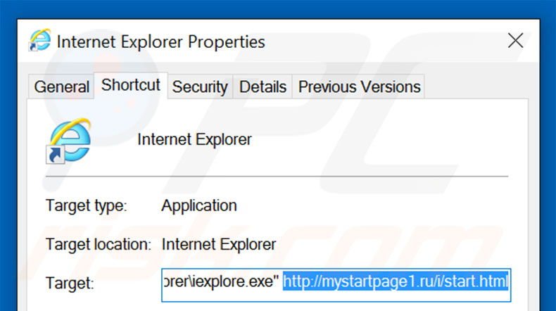 Removing mystartpage1.ru/i/start.html from Internet Explorer shortcut target step 2