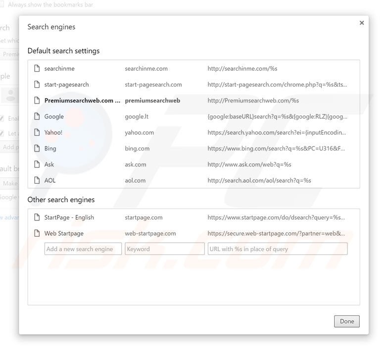 Removing premiumsearchweb.com from Google Chrome default search engine