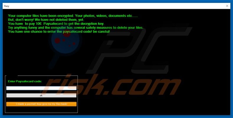 razy ransomware updated pop-up window