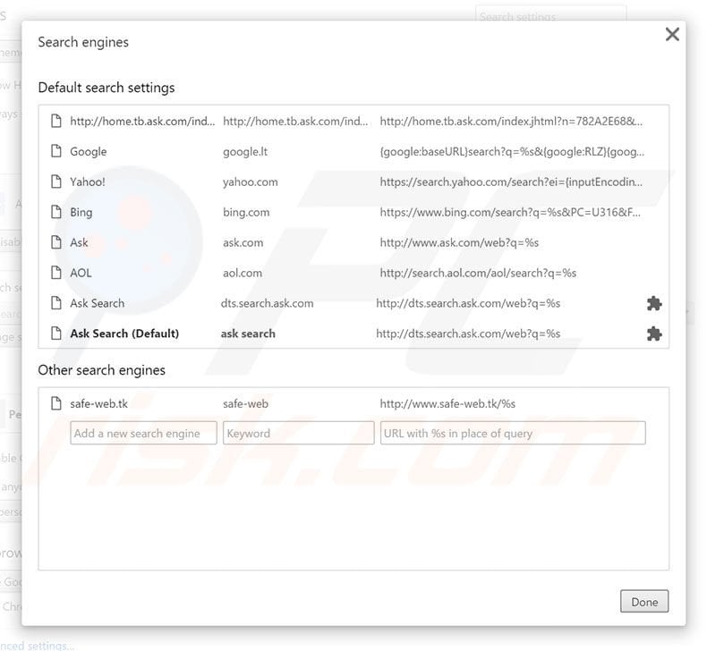 Removing safe-web.tk from Google Chrome default search engine