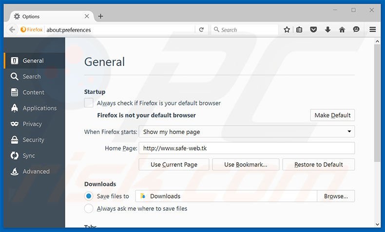 Removing safe-web.tk from Mozilla Firefox homepage