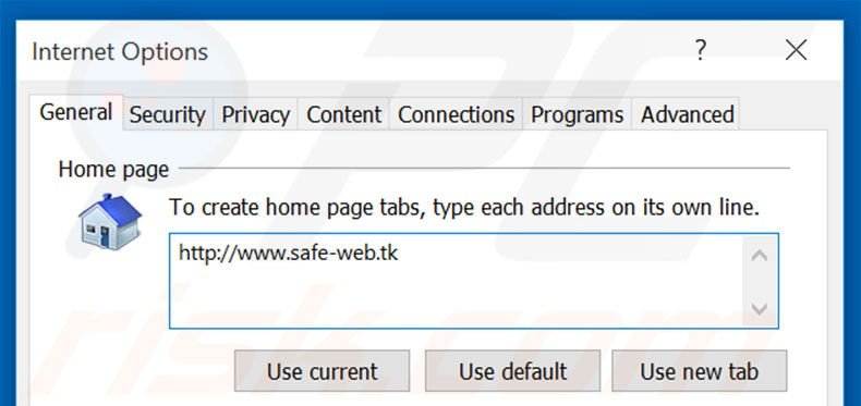 Removing safe-web.tk from Internet Explorer homepage