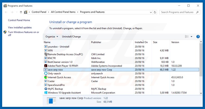 save serp now adware uninstall via Control Panel