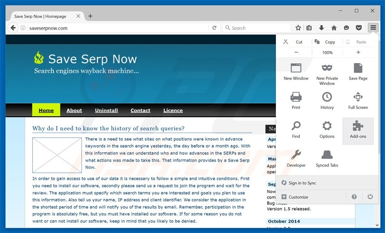 Removing save serp now adware from Mozilla Firefox step 1