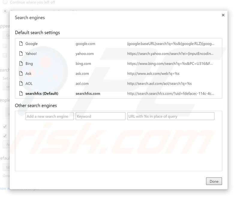 Removing search.searchfcs.com from Google Chrome default search engine
