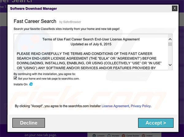Official Fast Career Search browser hijacker installation setup