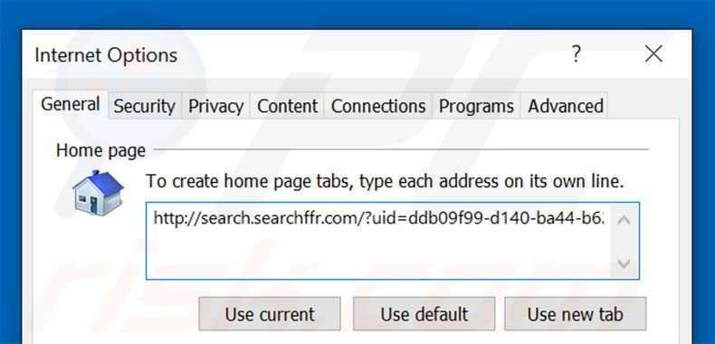 Removing search.searchffr.com from Internet Explorer homepage