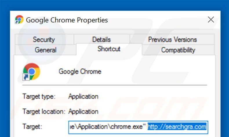 Removing searchgra.com from Google Chrome shortcut target step 2
