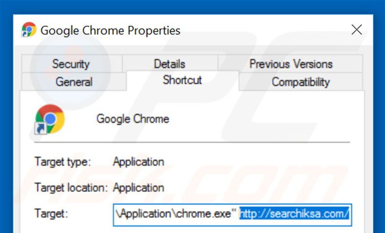Removing searchiksa.com from Google Chrome shortcut target step 2