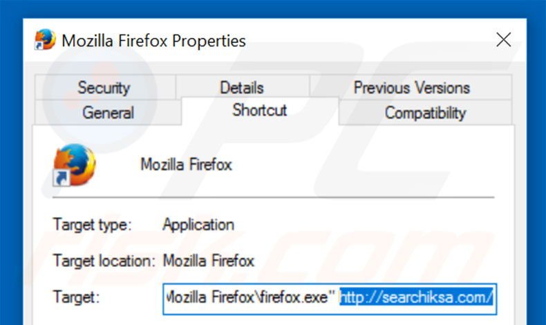 Removing searchiksa.com from Mozilla Firefox shortcut target step 2