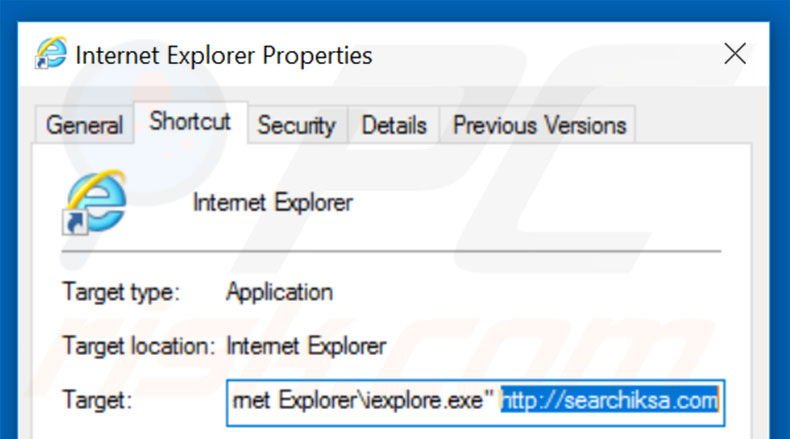 Removing searchiksa.com from Internet Explorer shortcut target step 2