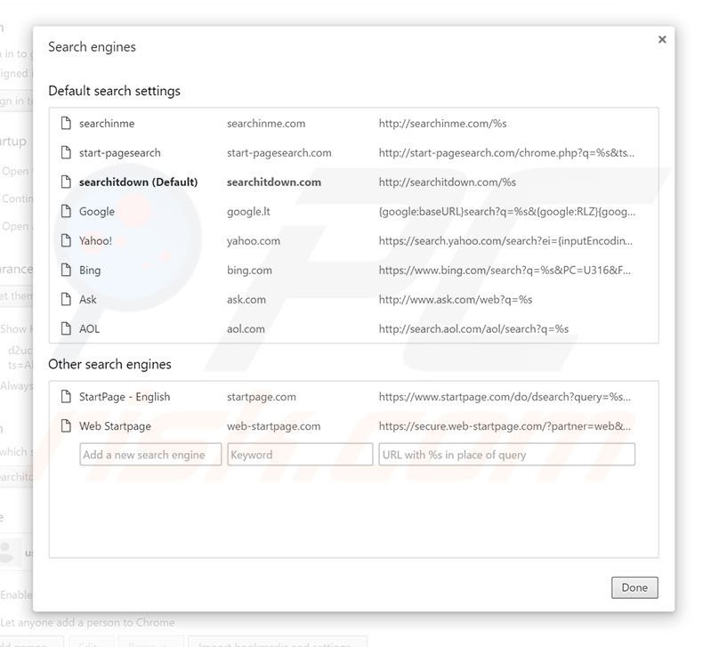 Removing searchitdown.com from Google Chrome default search engine
