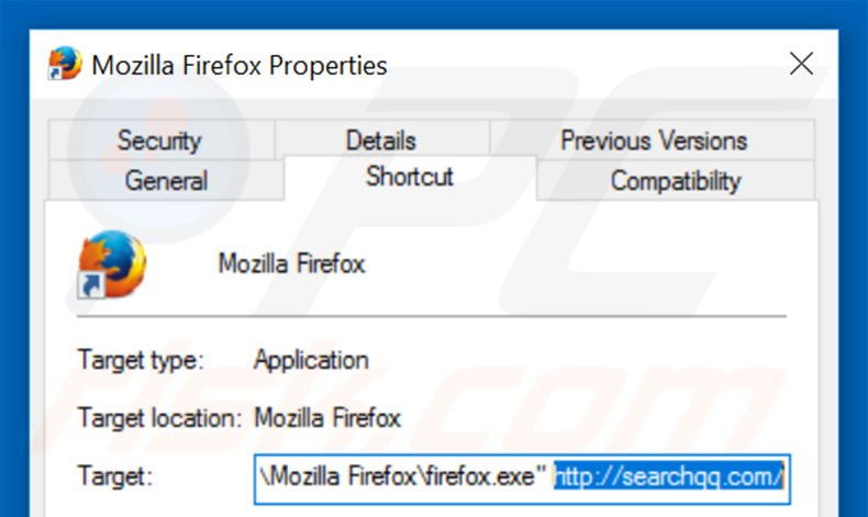 Removing searchqq.com from Mozilla Firefox shortcut target step 2