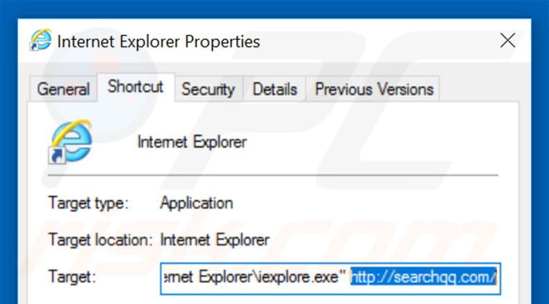 Removing searchqq.com from Internet Explorer shortcut target step 2