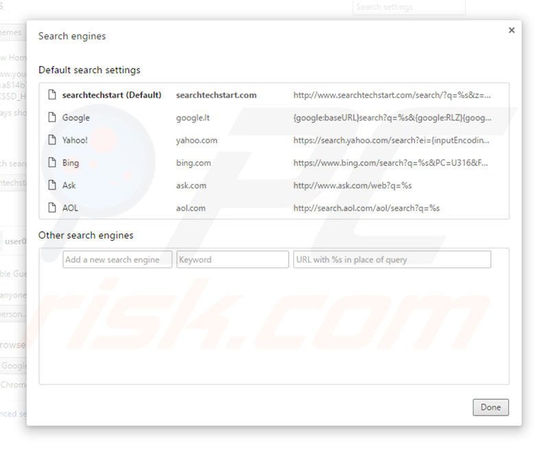 Removing searchtechstart.com from Google Chrome default search engine