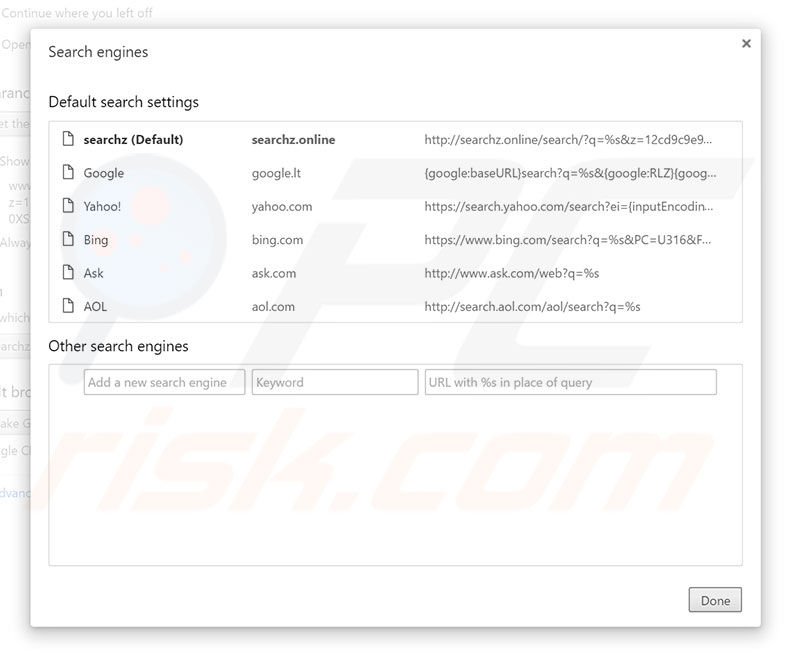 Removing searchz.online from Google Chrome default search engine