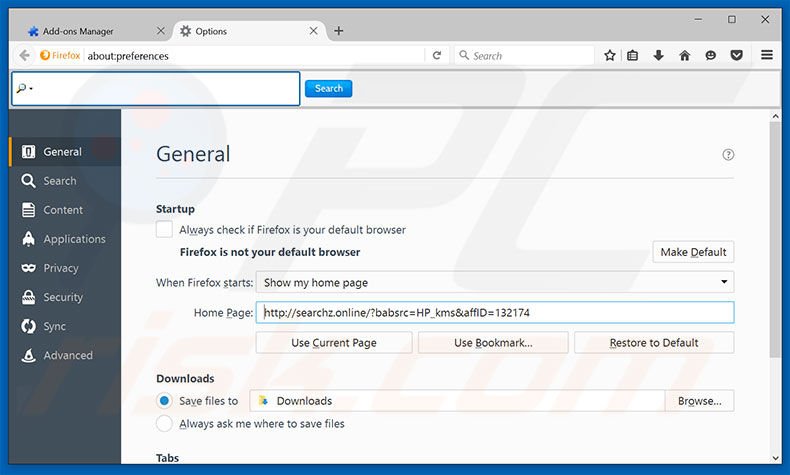 Removing searchz.online from Mozilla Firefox homepage