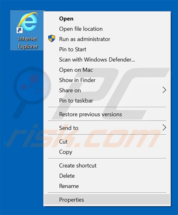 Removing searchz.online from Internet Explorer shortcut target step 1