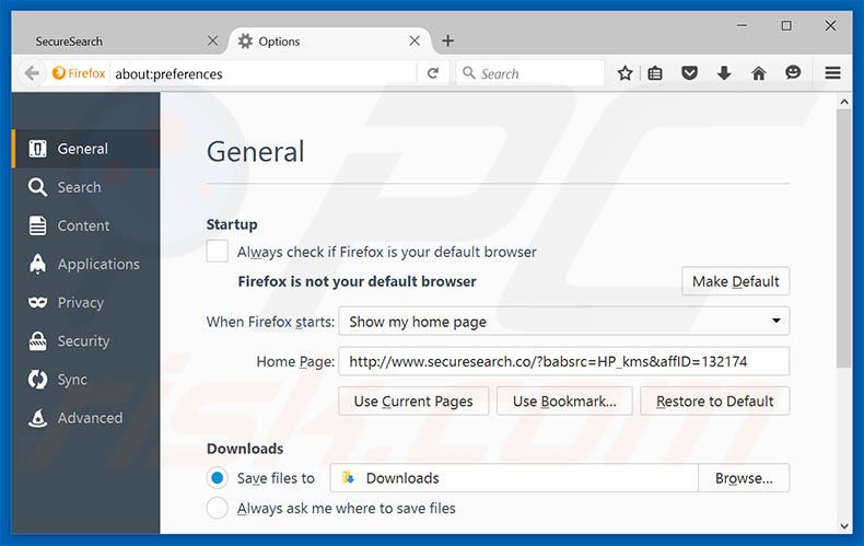 Removing securesearch.co from Mozilla Firefox homepage