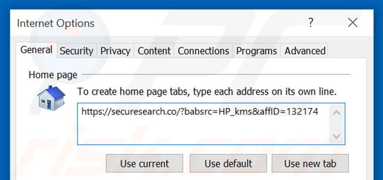 Removing securesearch.co from Internet Explorer homepage